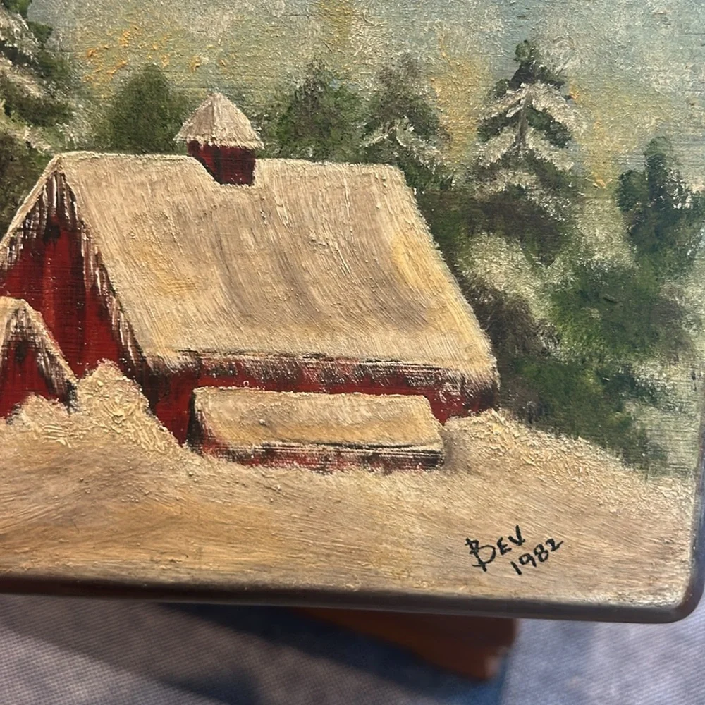 Vintage Hand-Painted Wood Music Box – Winter Barn Scene Signed “Bev 1982”